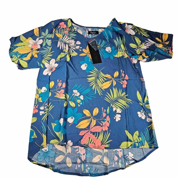 Papilliion Tropical Short Sleeve Top with Back Button Detail, Women's, Teal, NWT - Picture 3 of 6